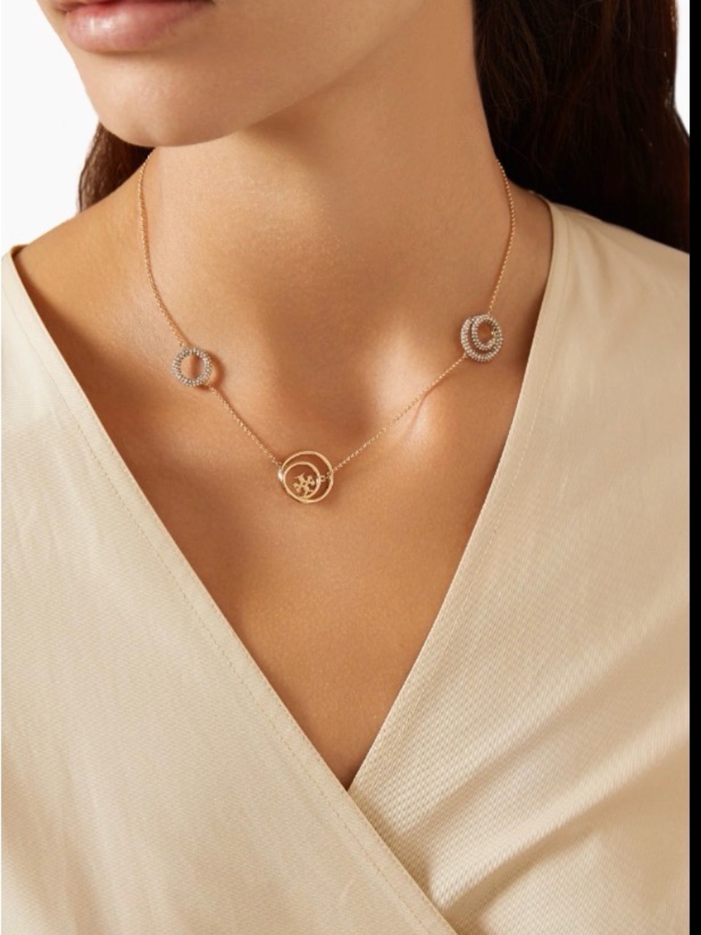 Tory Burch Miller T Gold Double-Circle Pendant Necklace with Crystal Rings - Picture 5 of 5